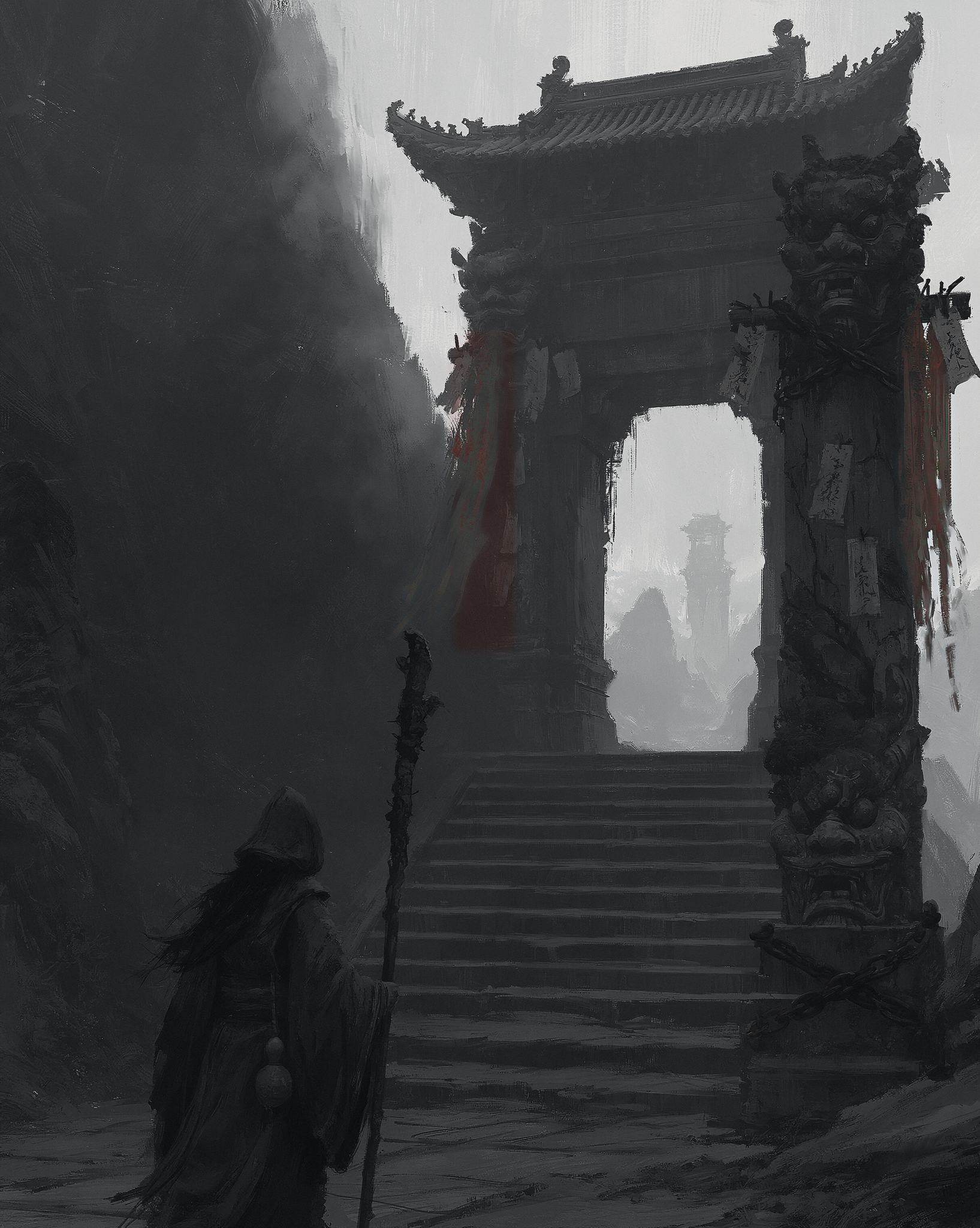 A lone wanderer with staff and gourd stands at the foot of a broad stone stairway rising to a colossal ruined temple gate strung with vermilion talismans, a ghostly tower beyond — a dry-brush ink painting.